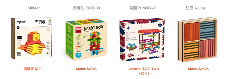 列出各國類似商品100片裝的價格 會發現Mideer真的很親民