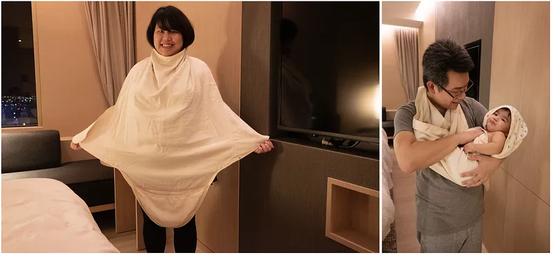 招福小飛成長浴巾的特色就是有可以掛在脖子上的扣子、三個口袋