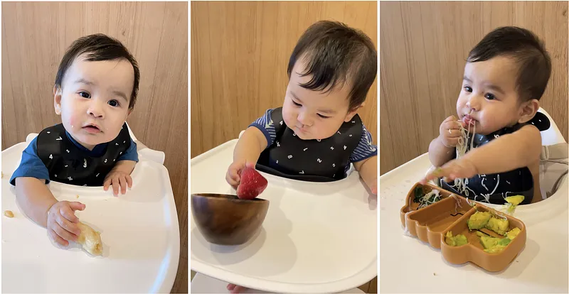 我們的BLW階段大概就是單一食物直接放Nomi桌上,到餐碗、餐盤這幾種隨機嘗試